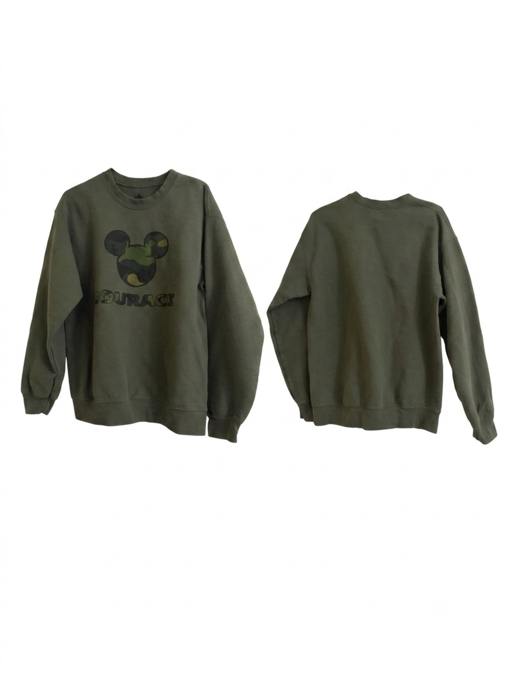 Disney Olive Green Crewneck Sweatshirt with Camo Mickey Graphic